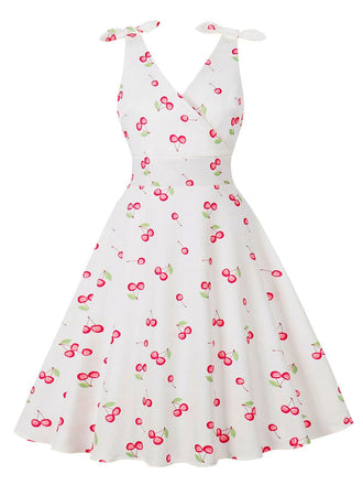 Robe cerise blanche col V nœud d'épaule des années 1950