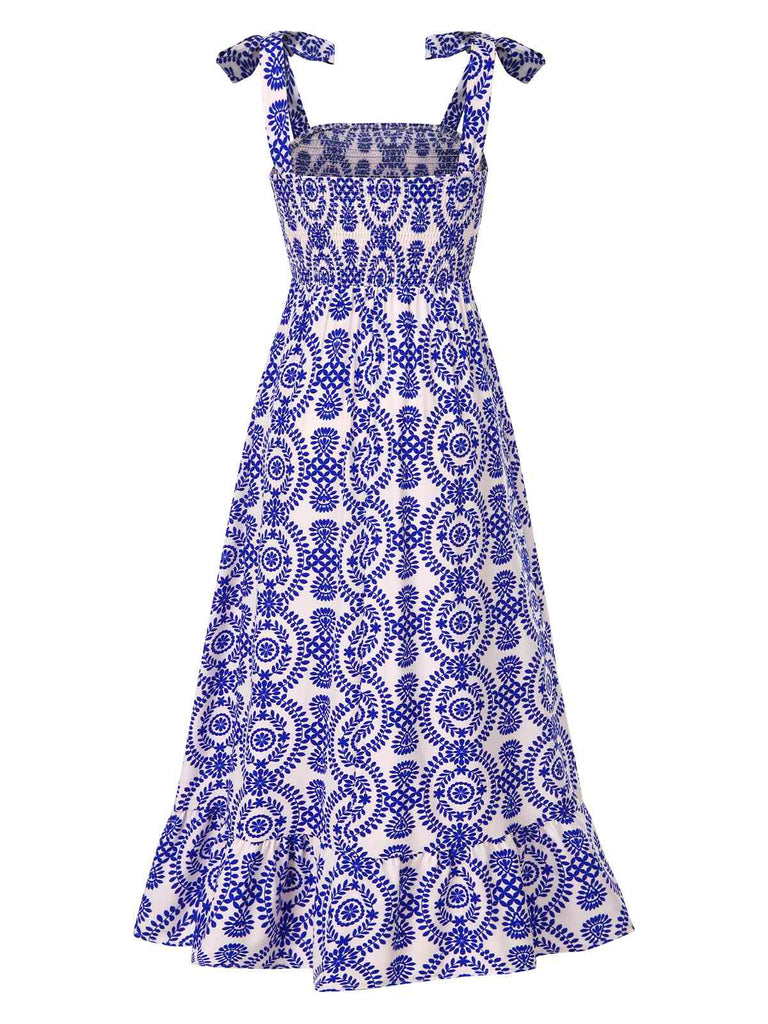 Robe sans manches à bretelles bohème bleue des années 1970