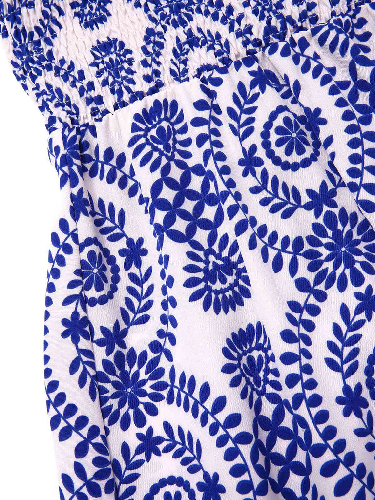 Robe sans manches à bretelles bohème bleue des années 1970
