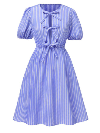 Robe rayée bleue à lacets nœud bouffant des années 1950