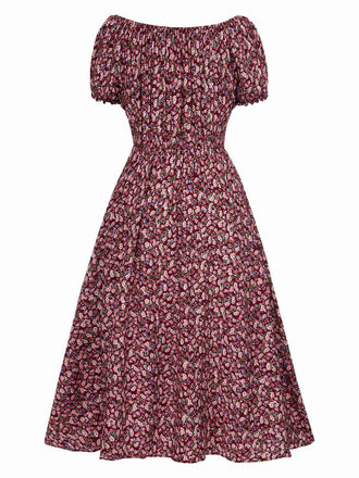 Robe rouge épaules dénudées petites fleurs des années 1940