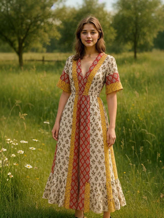 Combinaison jaune motif tribal floral bohème des années 1970