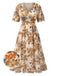 Robe fleurie vintage beige col V à taille smockée des années 1930