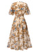 Robe fleurie vintage beige col V à taille smockée des années 1930