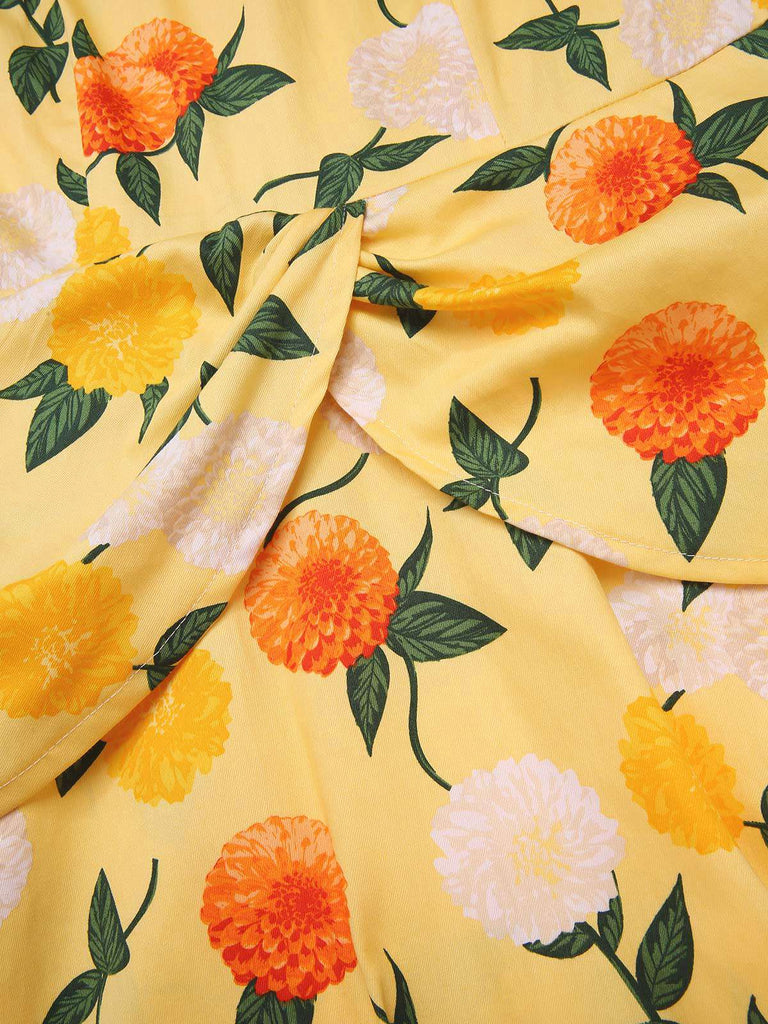 [Prévente] Robe froncée à fleurs d'hortensia jaune des années 1950