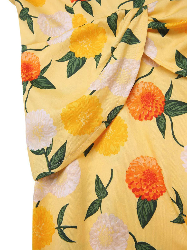[Prévente] Robe froncée à fleurs d'hortensia jaune des années 1950