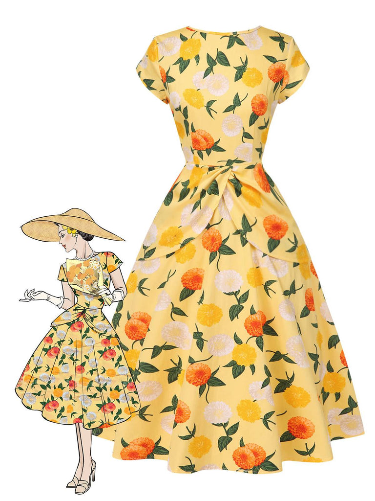 [Prévente] Robe froncée à fleurs d'hortensia jaune des années 1950