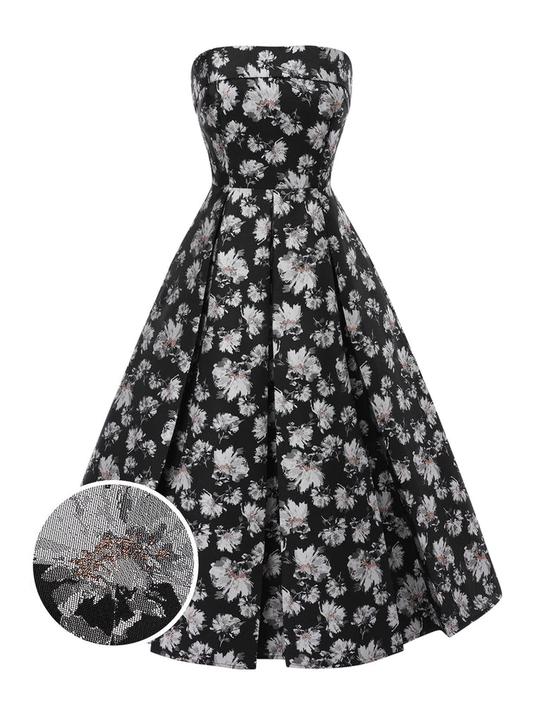 [Prévente] Robe bandeau noire à fleurs Plissé fils dorés des années 1930