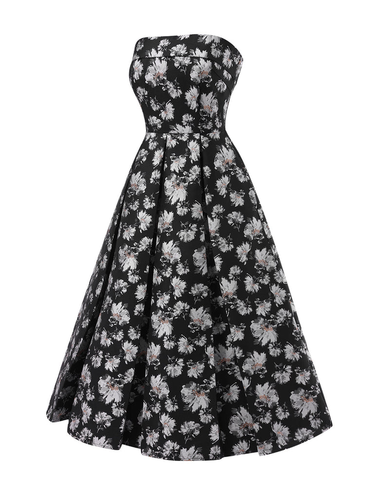 [Prévente] Robe bandeau noire à fleurs Plissé fils dorés des années 1930