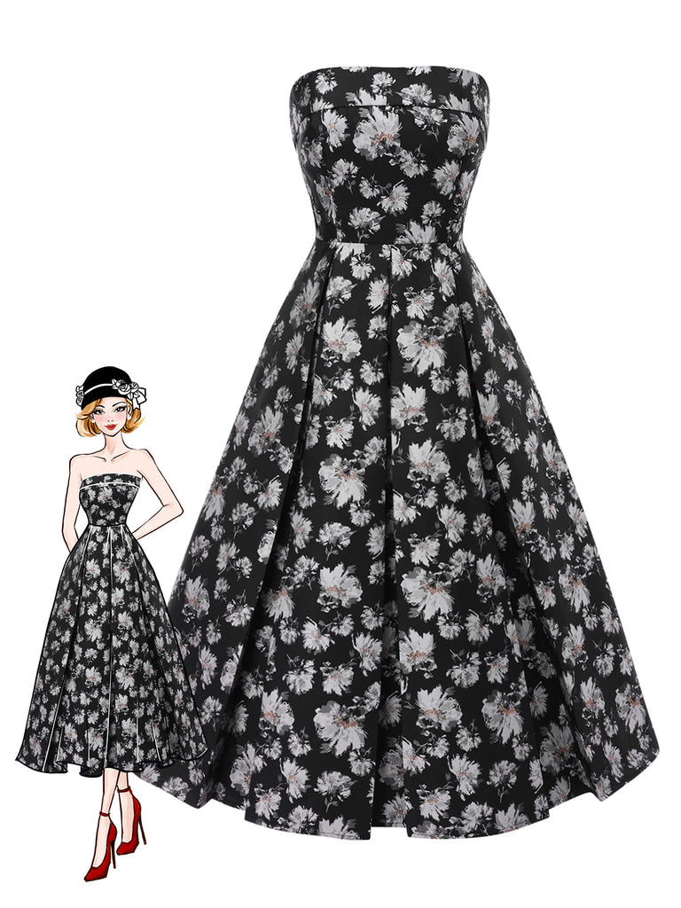 [Prévente] Robe bandeau noire à fleurs Plissé fils dorés des années 1930