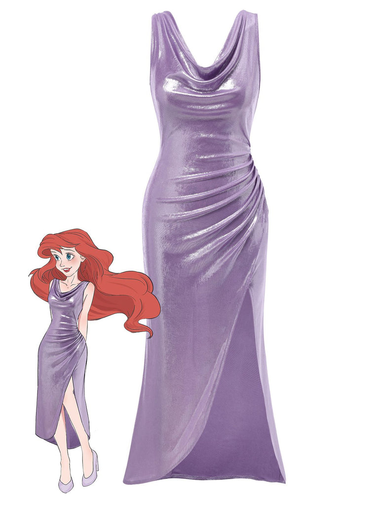[Prévente] Robe lavande col bénitier avec fente haute luminosité nacrée des années 1960