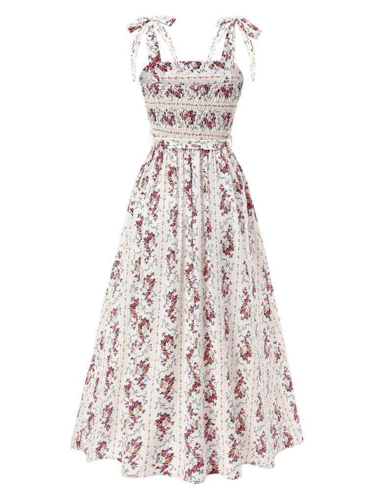 [Prévente] Robe florale smockée nœud à l'épaule des années 1940