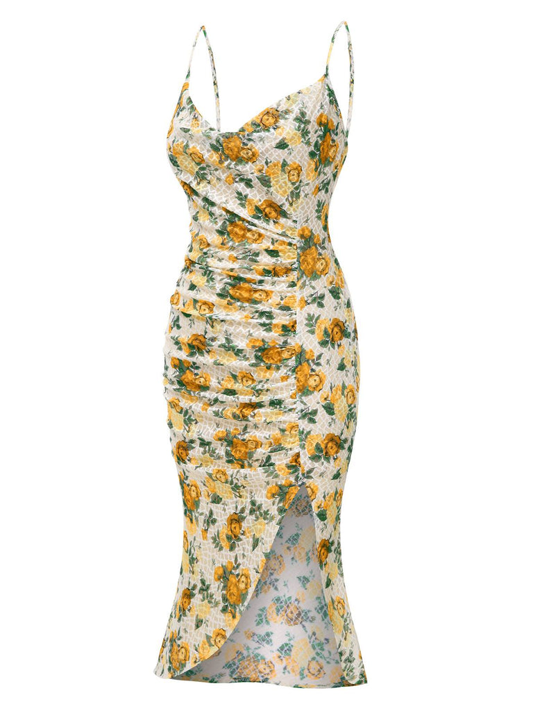 [Prévente] Robe froncée à bretelles sirène roses jaunes des années 1930