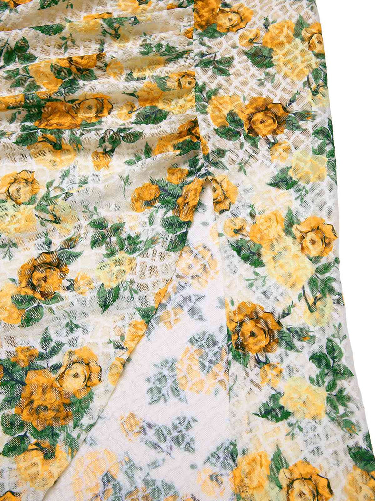 [Prévente] Robe froncée à bretelles sirène roses jaunes des années 1930