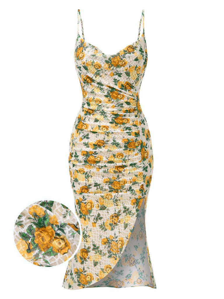 [Prévente] Robe froncée à bretelles sirène roses jaunes des années 1930