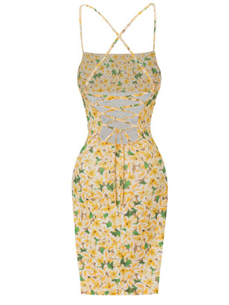Robe jaune à fleurs froncées et lacées dans le dos des années 1960