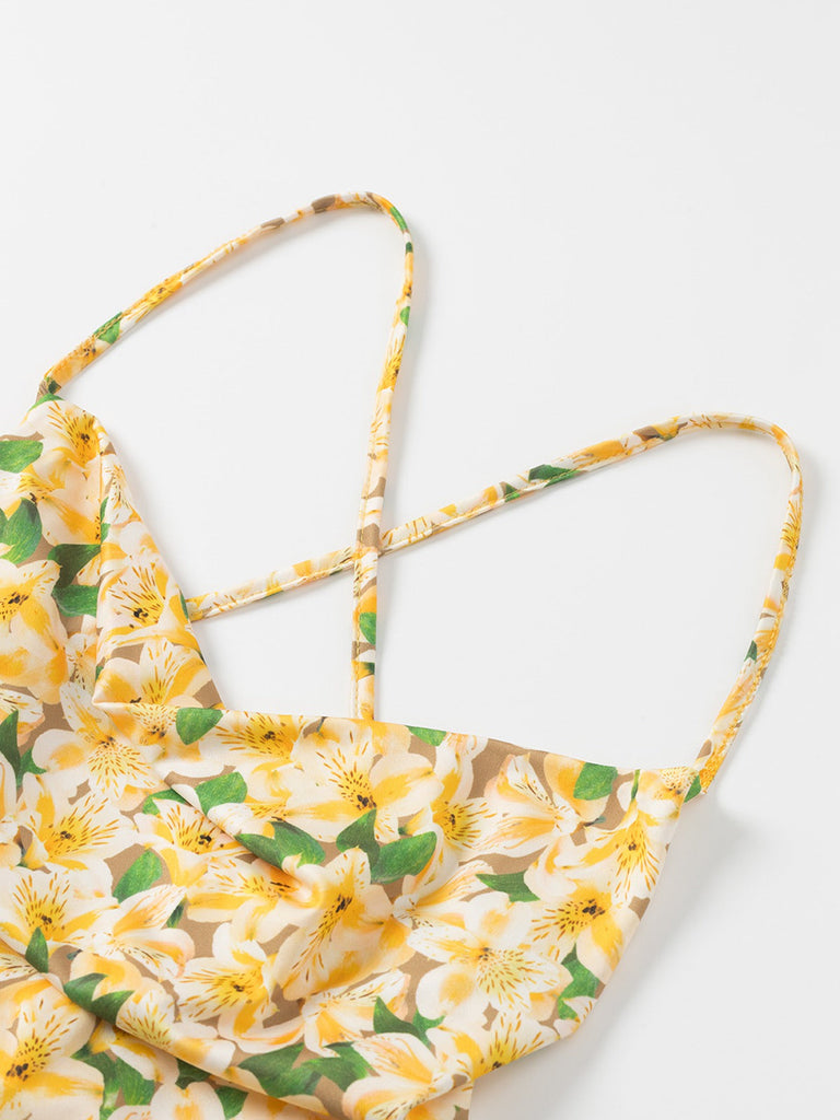 Robe jaune à fleurs froncées et lacées dans le dos des années 1960