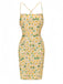 Robe jaune à fleurs froncées et lacées dans le dos des années 1960