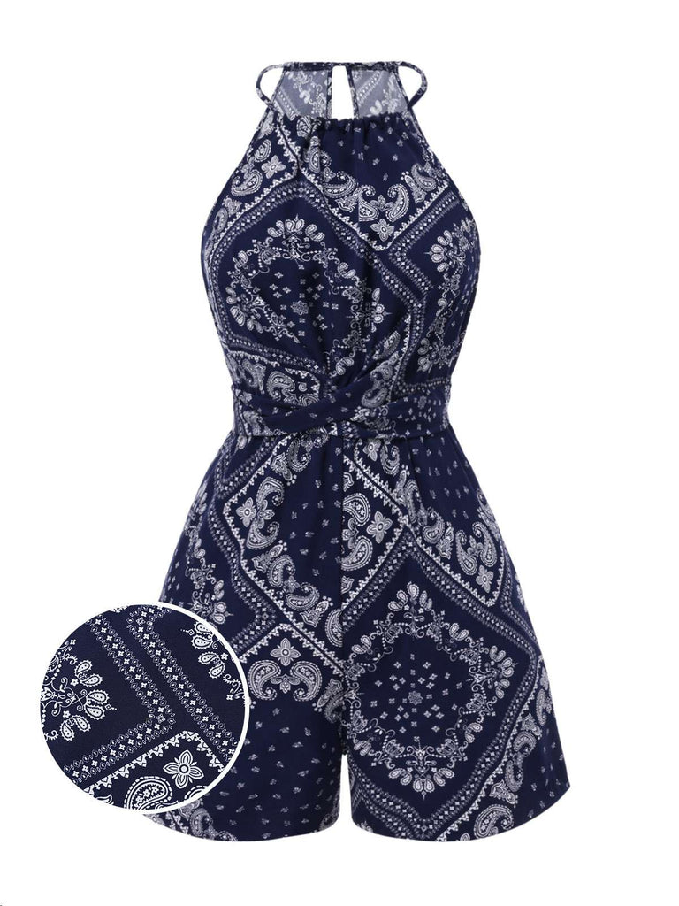 [Prévente] Combishort Bleu Imprimé Paisley Licou Dos Nu Années 40