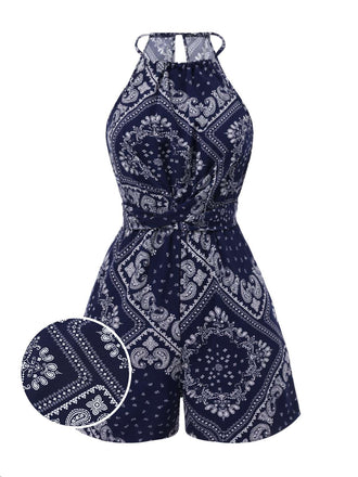 [Prévente] Combishort Bleu Imprimé Paisley Licou Dos Nu Années 40