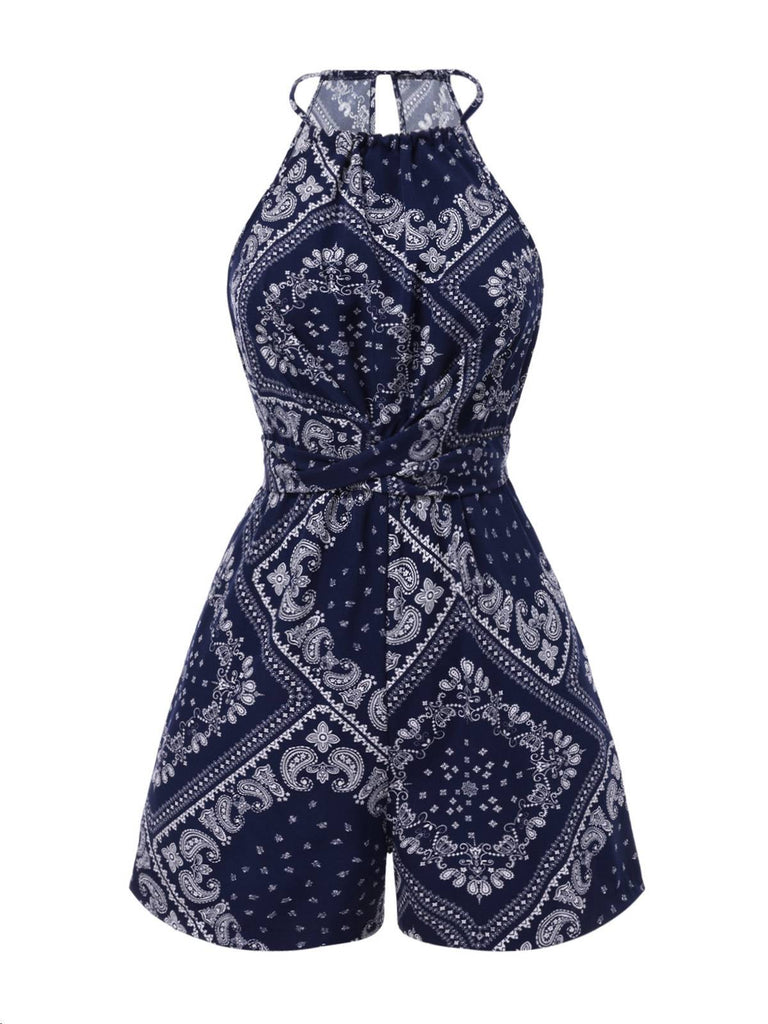 [Prévente] Combishort Bleu Imprimé Paisley Licou Dos Nu Années 40