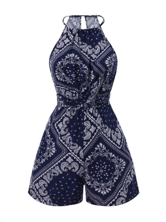 [Prévente] Combishort Bleu Imprimé Paisley Licou Dos Nu Années 40
