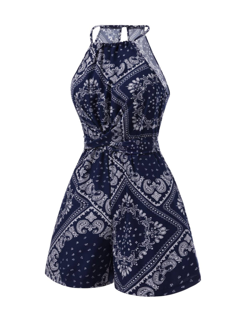 [Prévente] Combishort Bleu Imprimé Paisley Licou Dos Nu Années 40