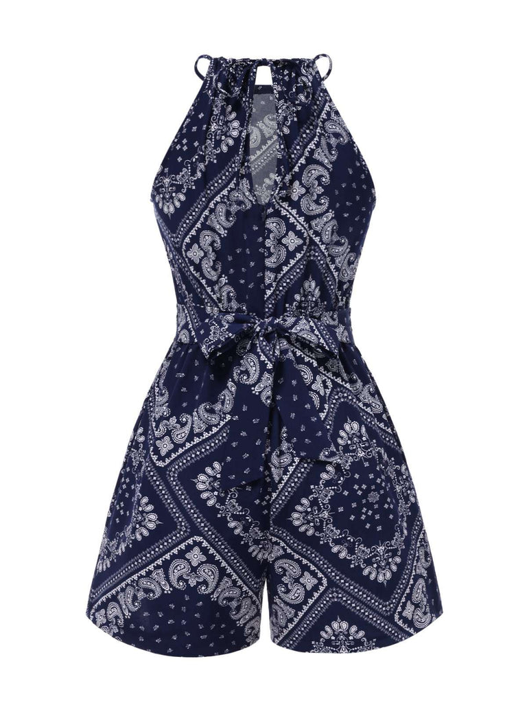 [Prévente] Combishort Bleu Imprimé Paisley Licou Dos Nu Années 40