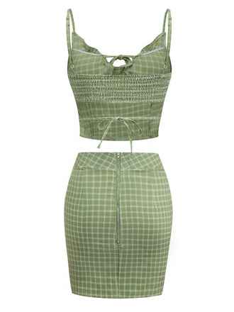 2PCS Débardeur court et jupe crayon à carreaux vert des années 1960