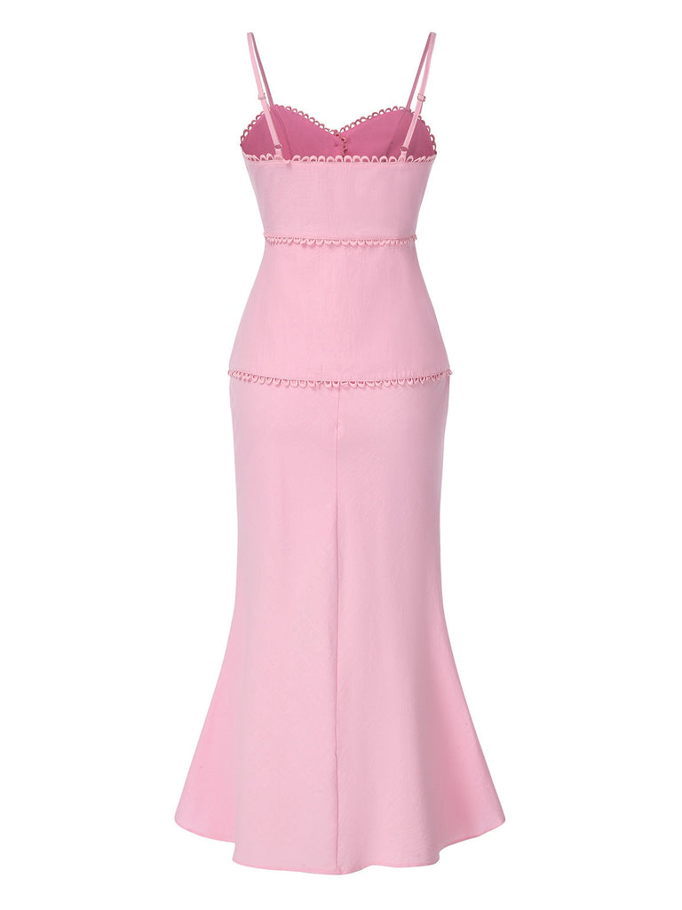 2PCS Caraco et jupe queue de poisson en coton rose uni des années 1930
