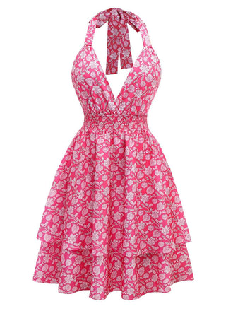 Robe rose pêche licou à fleurs et smocks années 1960