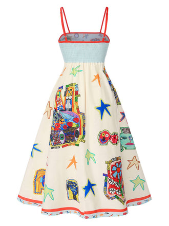 Robe à bretelles multicolore imprimé marin des années 1950