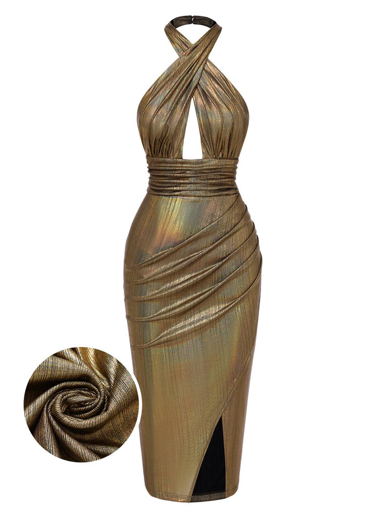 [Prévente] Robe moulante dos nu croisé dorée réfléchissante années 1970