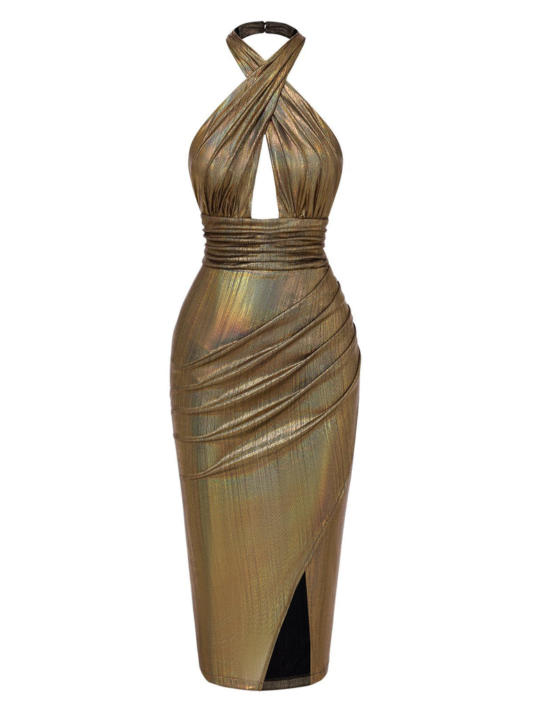 [Prévente] Robe moulante dos nu croisé dorée réfléchissante années 1970