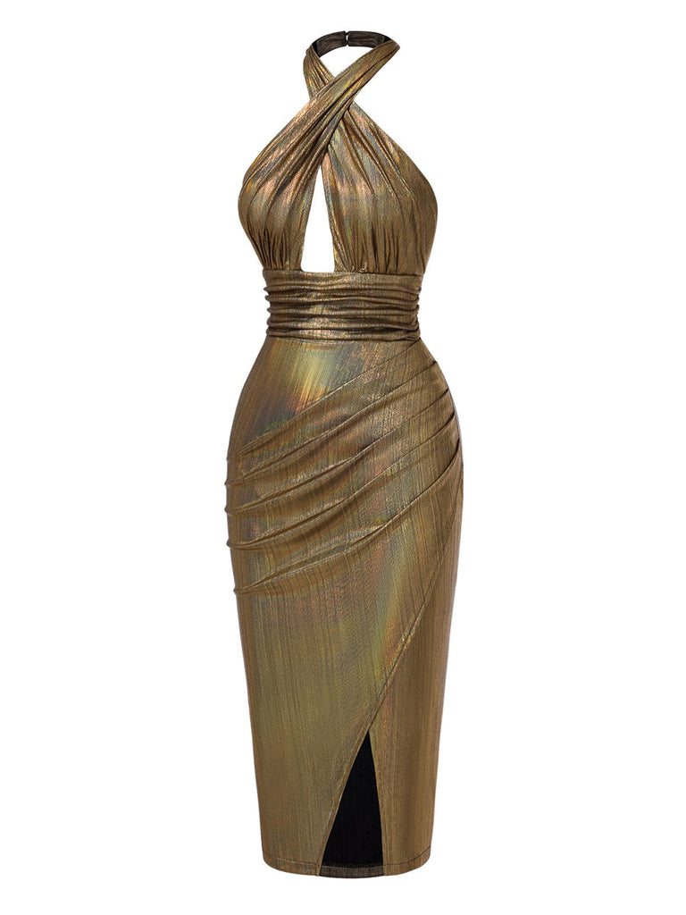 [Prévente] Robe moulante dos nu croisé dorée réfléchissante années 1970