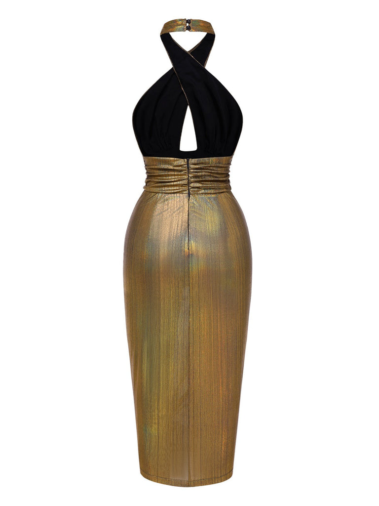 [Prévente] Robe moulante dos nu croisé dorée réfléchissante années 1970