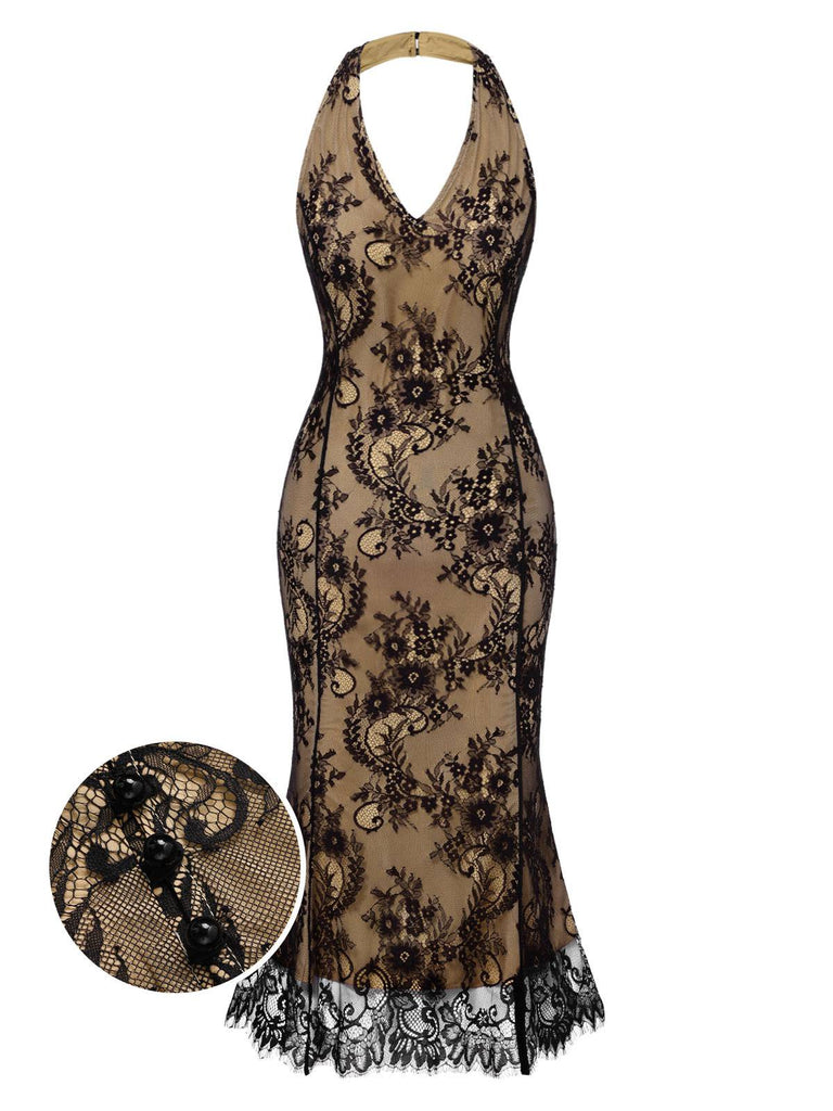 [Prévente] Robe sirène dos nu en dentelle brodée noire des années 1930