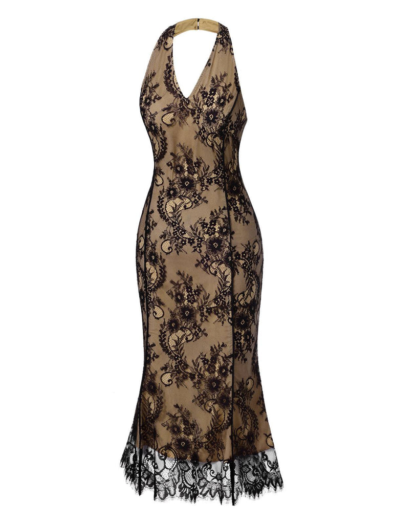 [Prévente] Robe sirène dos nu en dentelle brodée noire des années 1930