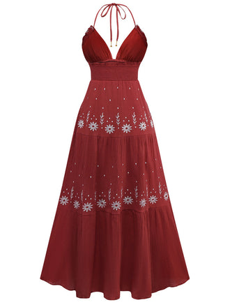 Robe broderie fleur texturée à col en V profond années 1930