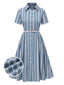 [Prévente] Robe chemise bleue à motifs en dentelle des années 1950