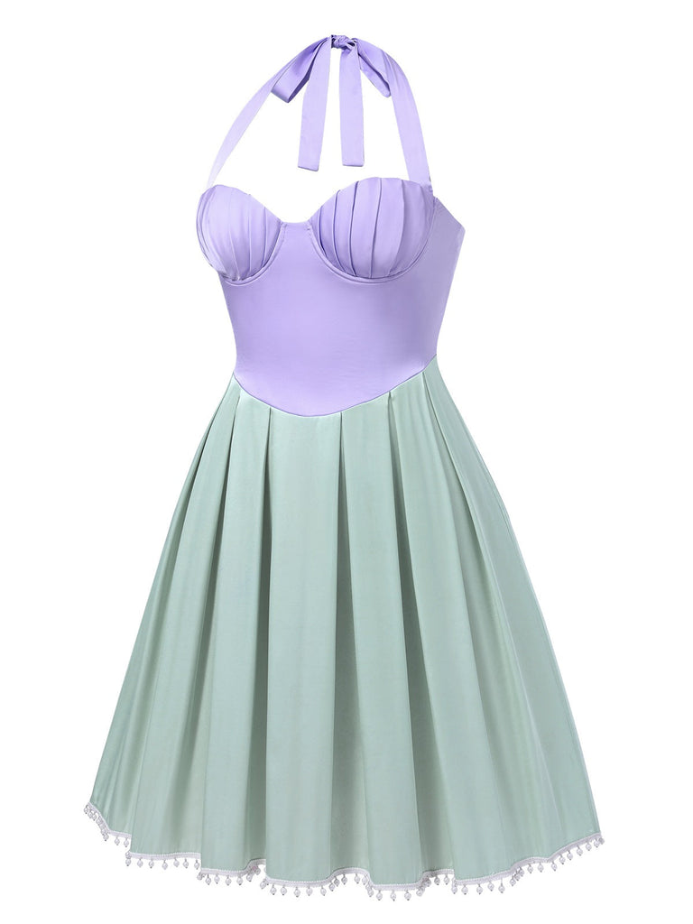 [Prévente] [Grande taille] Robe plissée à perles coquillage lavande et verte années 1940