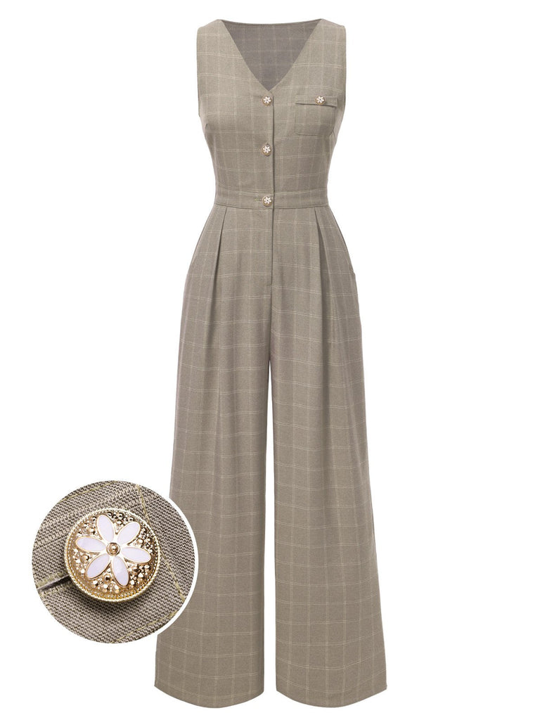 [Prévente] Combinaison carreaux boutonnée col  V sans manches marron années 1930