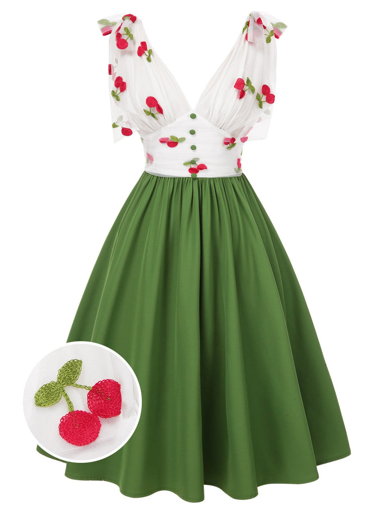 [Prévente] Robe cerise patchwork en maille col V vert des années 1950