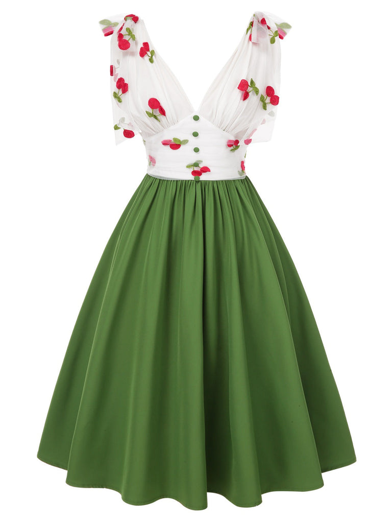 [Prévente] Robe cerise patchwork en maille col V vert des années 1950