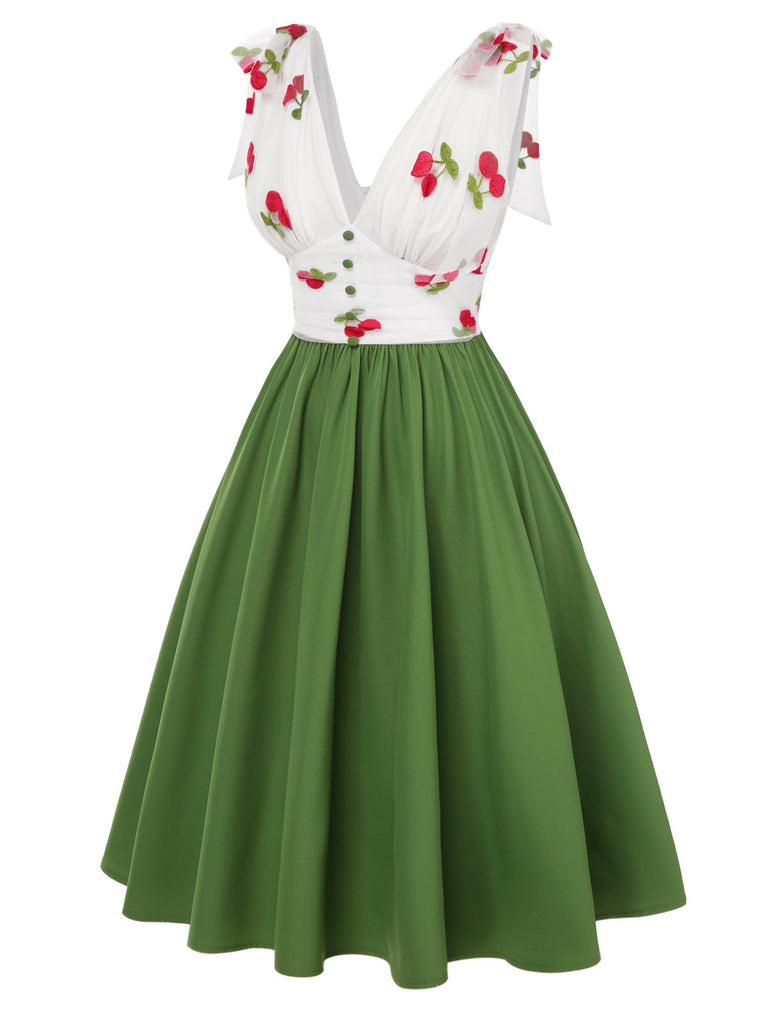 [Prévente] Robe cerise patchwork en maille col V vert des années 1950