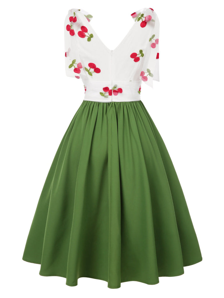 [Prévente] Robe cerise patchwork en maille col V vert des années 1950