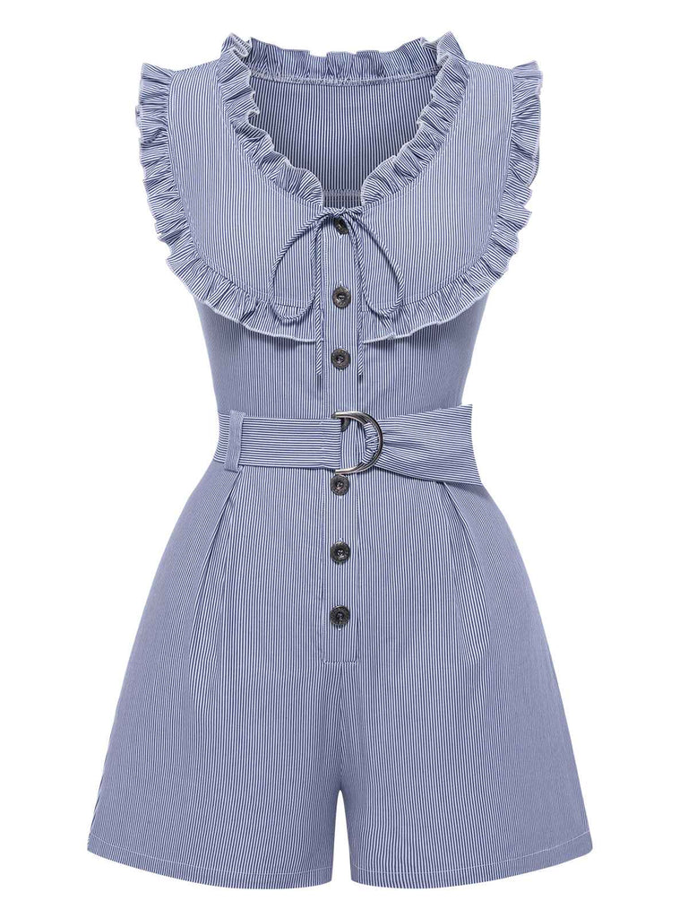 [Prévente] Combishort à volants en coton bleu à rayures fines des années 1940