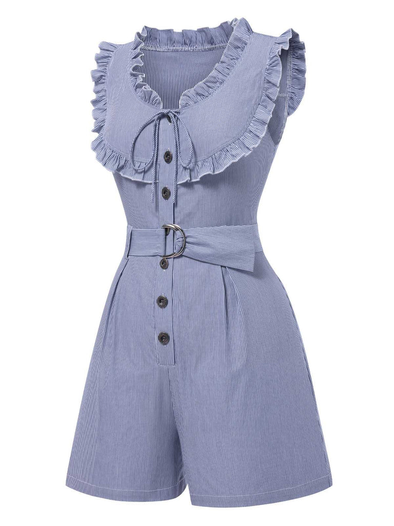 [Prévente] Combishort à volants en coton bleu à rayures fines des années 1940