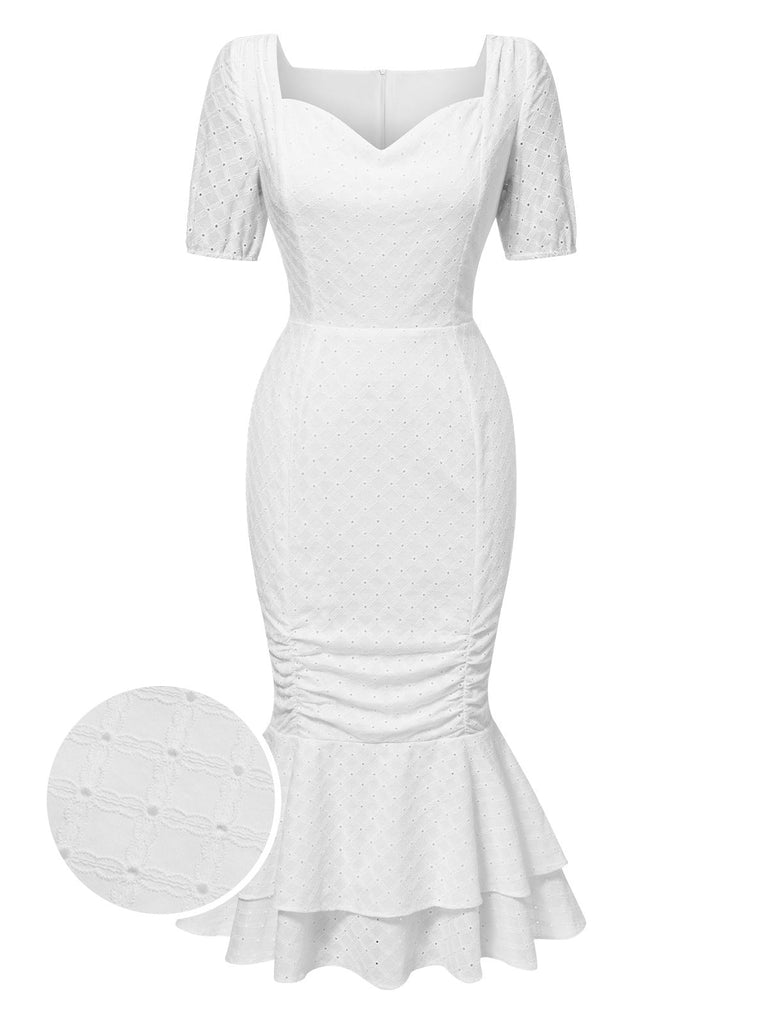 [Prévente] Robe queue de poisson plissée en coton blanc des années 1930