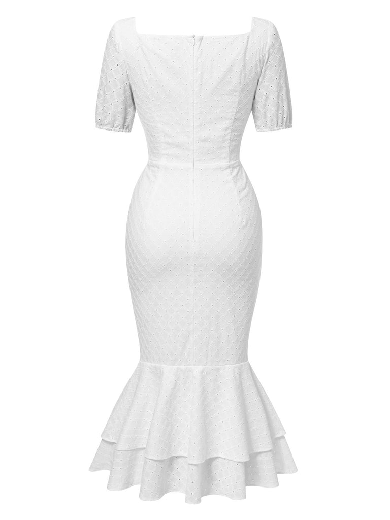 [Prévente] Robe queue de poisson plissée en coton blanc des années 1930